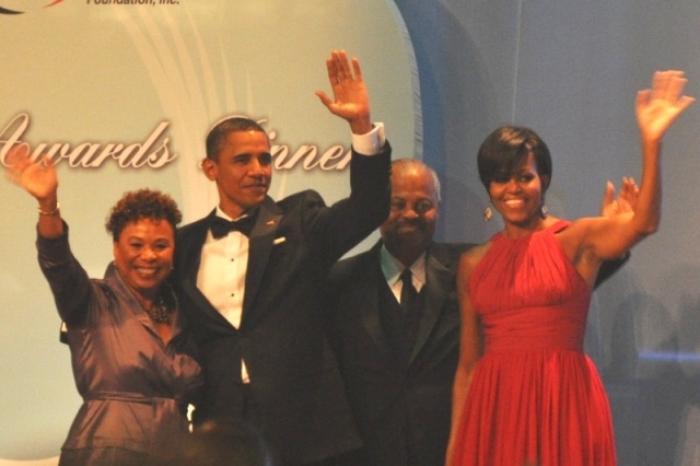 L-R: Congresswoman Barbara Lee (Chair of the Congressional Black Caucus), President Barack Obama, Congressman Donald M. Payne (Chair, Congressional Black Caucus Foundation, Inc.) and First Lady Michelle Obama. Photo Credit: Ibrahim Dabo.